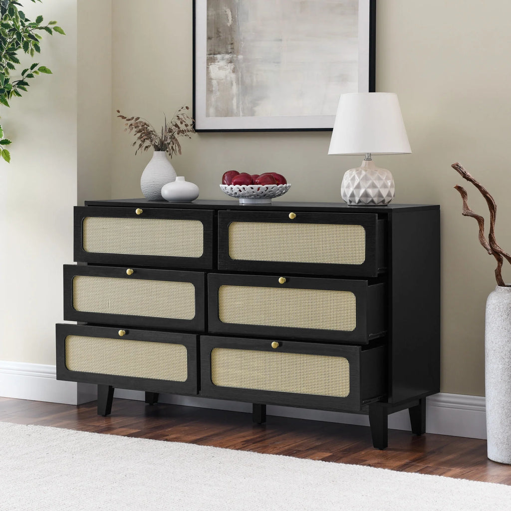 6 Drawer Wooden Dresser with Rattan Drawers N160781