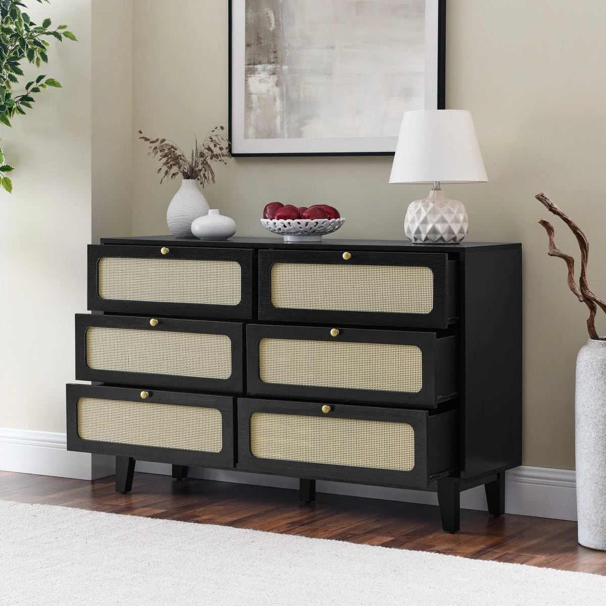 6 Drawer Wooden Dresser with Rattan Drawers N160781