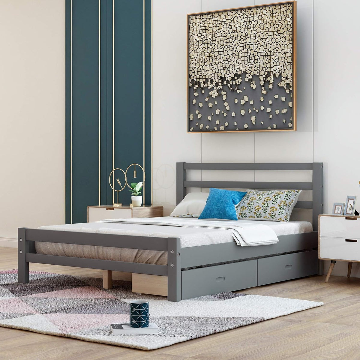 Gray Wood Platform Bed with Trundle and Drawers X43773