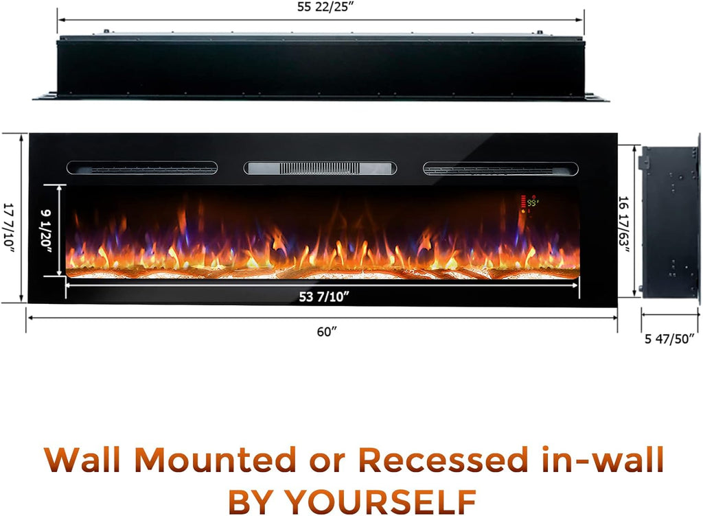 60 Electric Fireplace, Recessed & Wall Mounted, Ultra Thin, Low Noise, Remote Control, 1500W, Black M10094