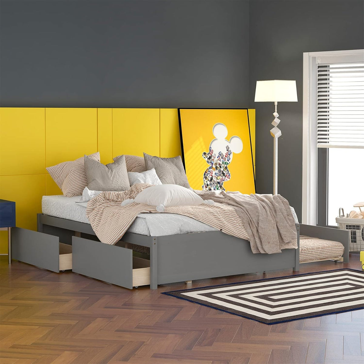Gray Wood Platform Bed with Trundle and Drawers X43773