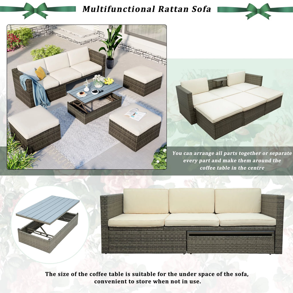 5-Piece PE Rattan Patio Furniture Set with Cushions and Coffee Table Q1304