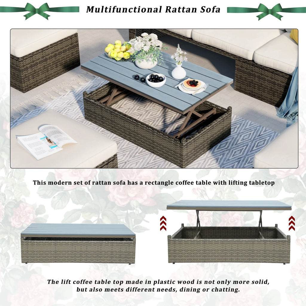 5-Piece PE Rattan Patio Furniture Set with Cushions and Coffee Table Q1304