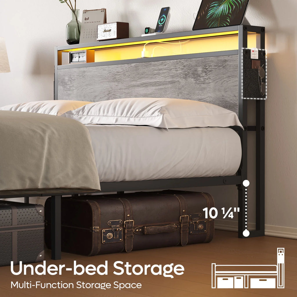 Queen Size Grey Platform Bed with Storage Headboard X987486