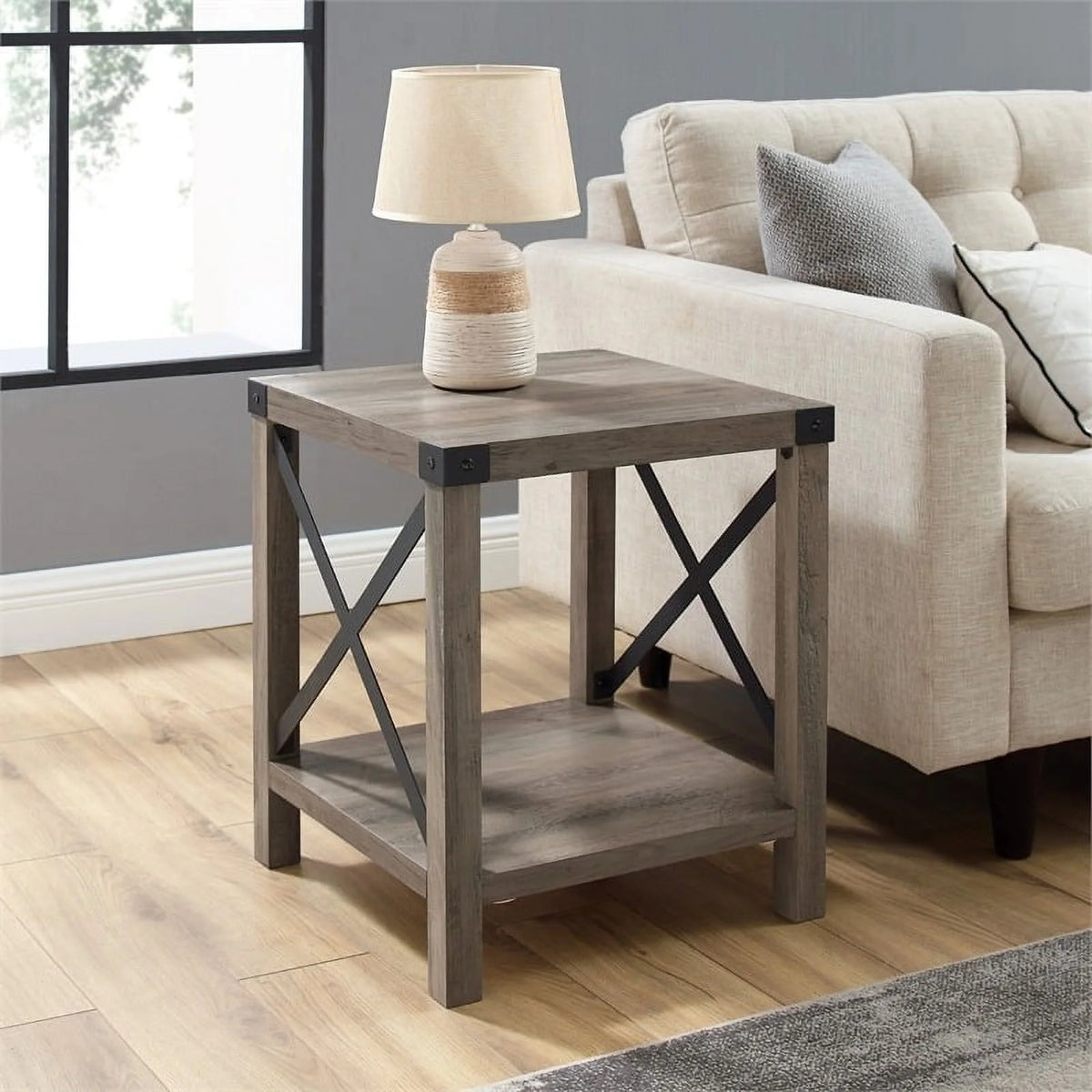 18" Gray Farmhouse Wood Side Table with Metal Frame G90342