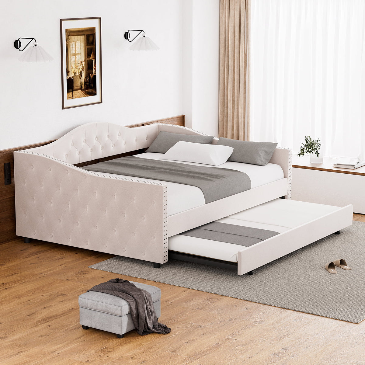 Beige Tufted Upholstered Full Daybed with Trundle Y61803