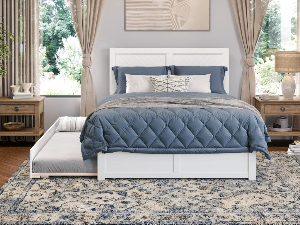 White Solid Wood Platform Bed with Footboard & Twin XL Trundle, Queen Z724