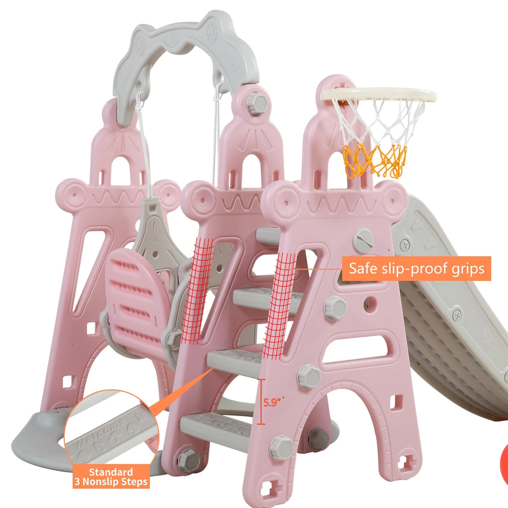 4 in 1 Slide and Swing Set with Basketball Hoop X869238