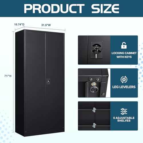 Black Steel Storage Cabinet with Doors and 5 Shelves C578