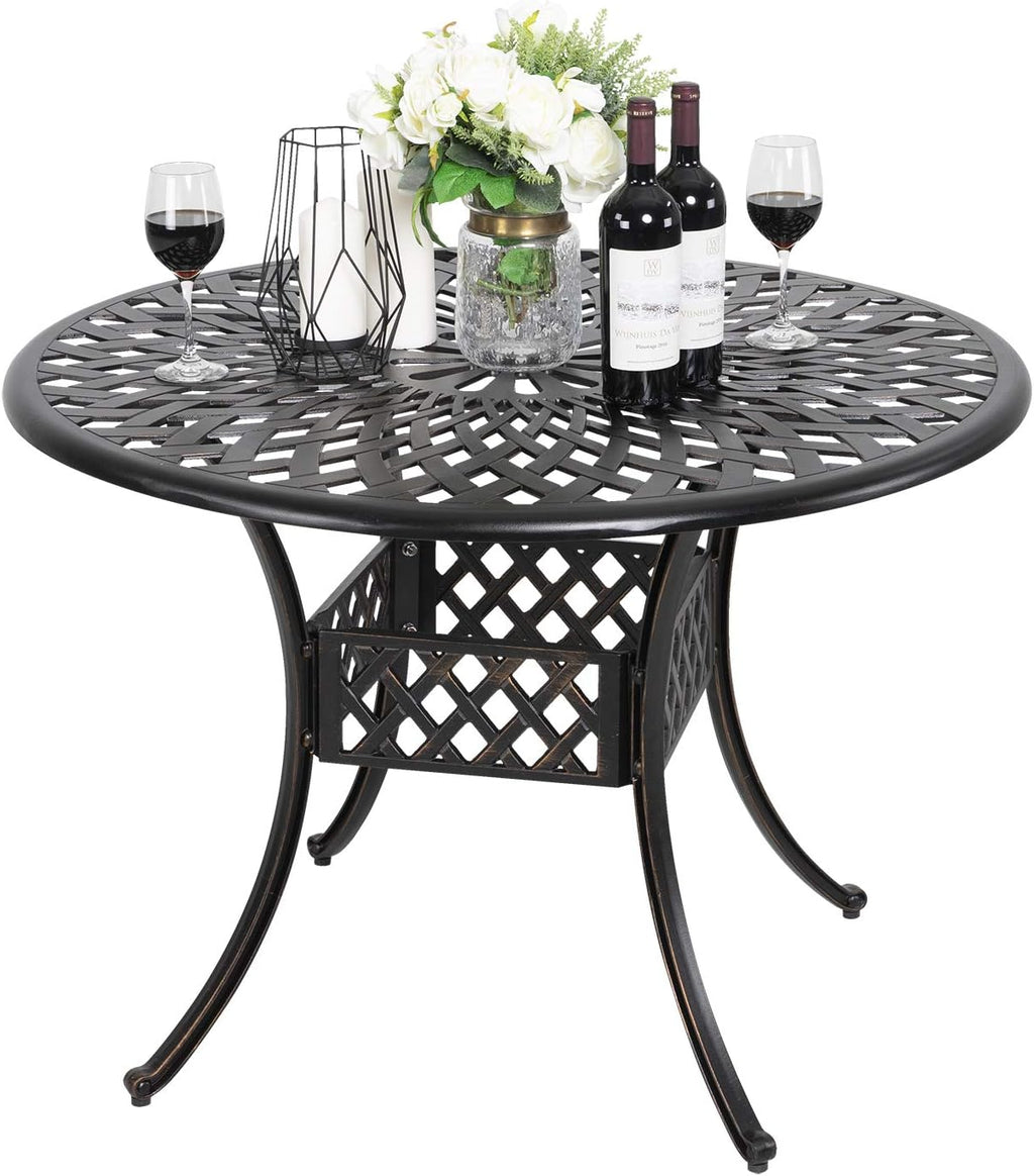 32 Inch Black Cast Aluminum Round Outdoor Dining Table with Umbrella Hole U636432