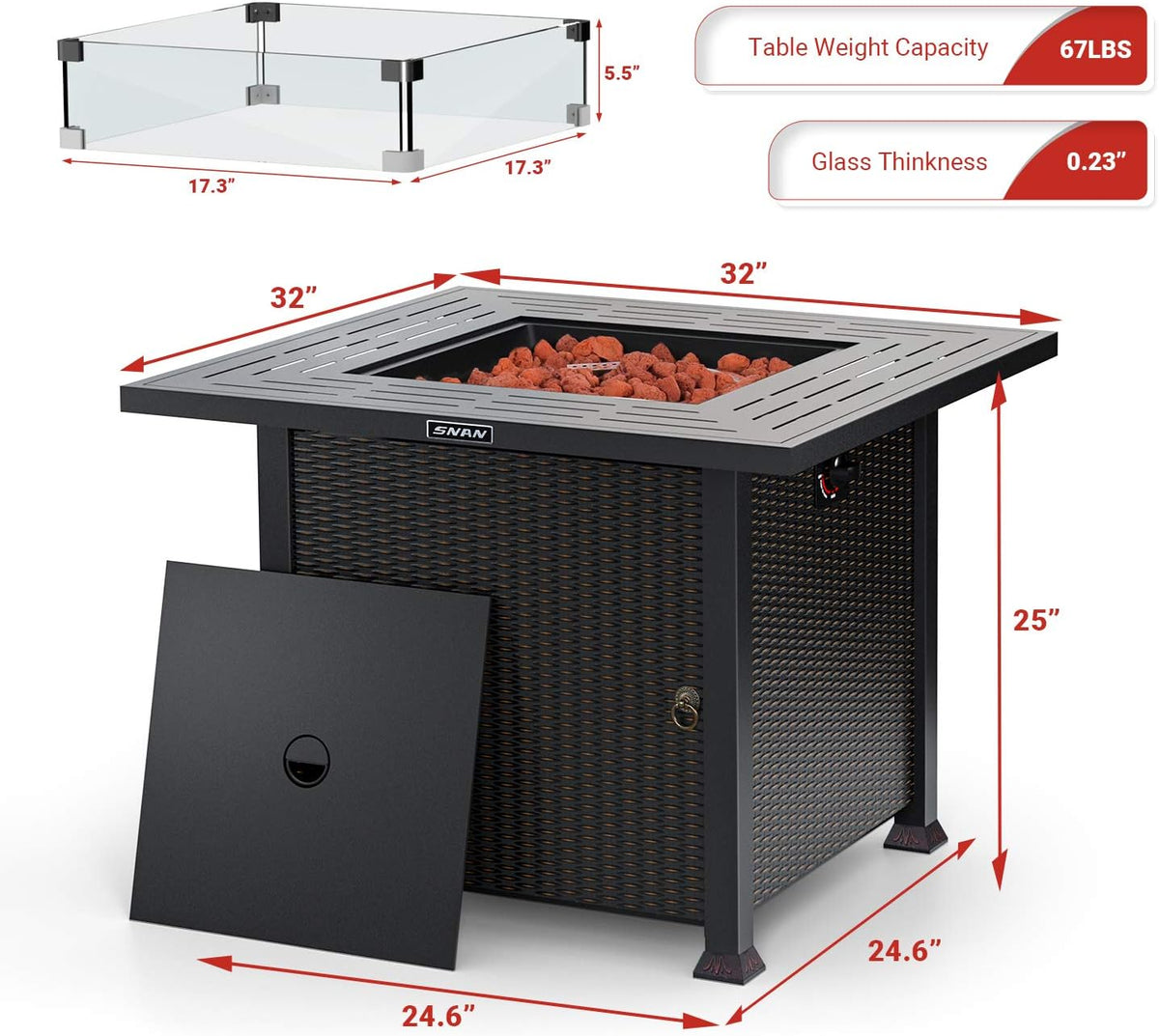 32 Inch 50,000 BTU Propane Fire Pit Table with Glass Wind Guard W863900