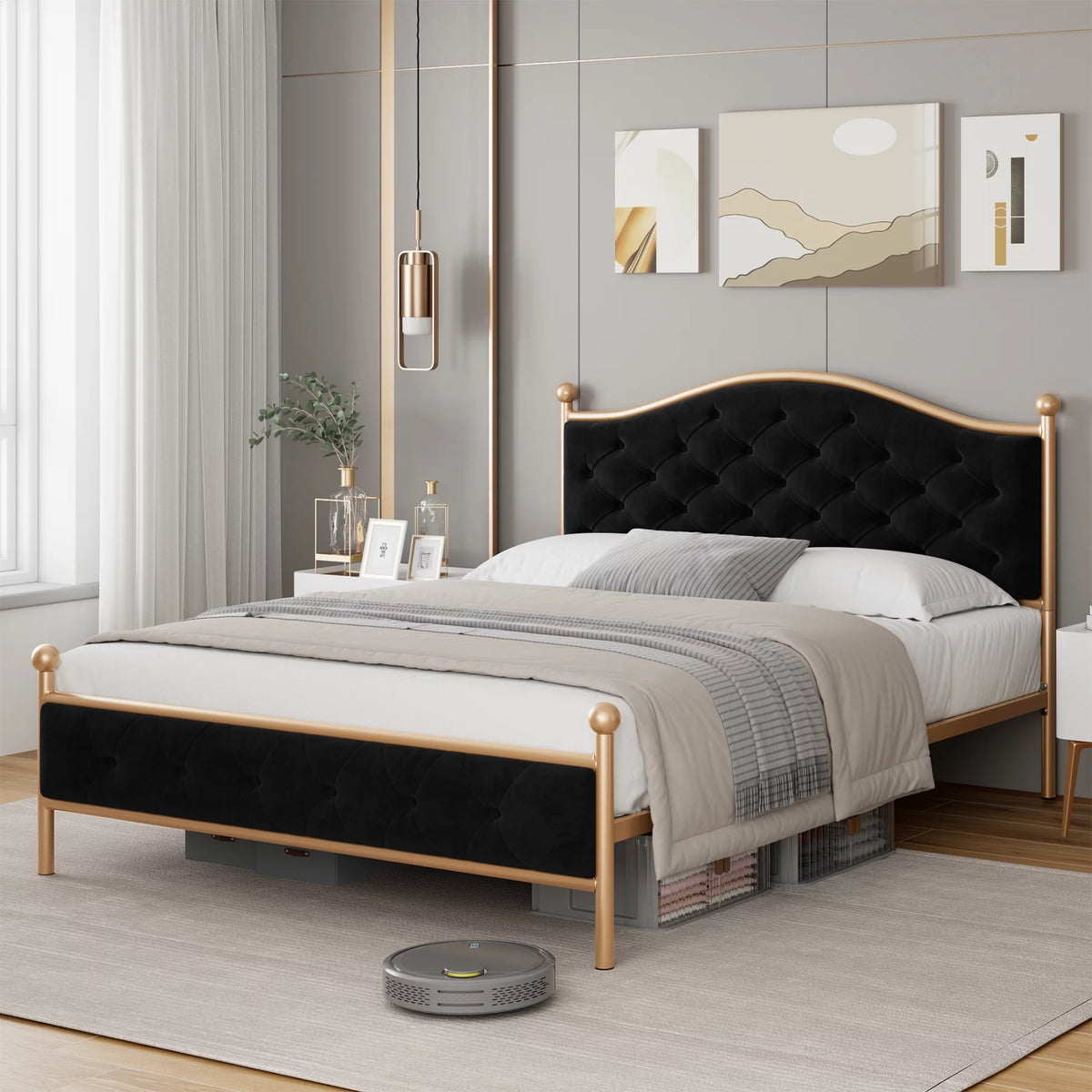 Queen Size Black Tufted Upholstered Platform Bed Frame V839