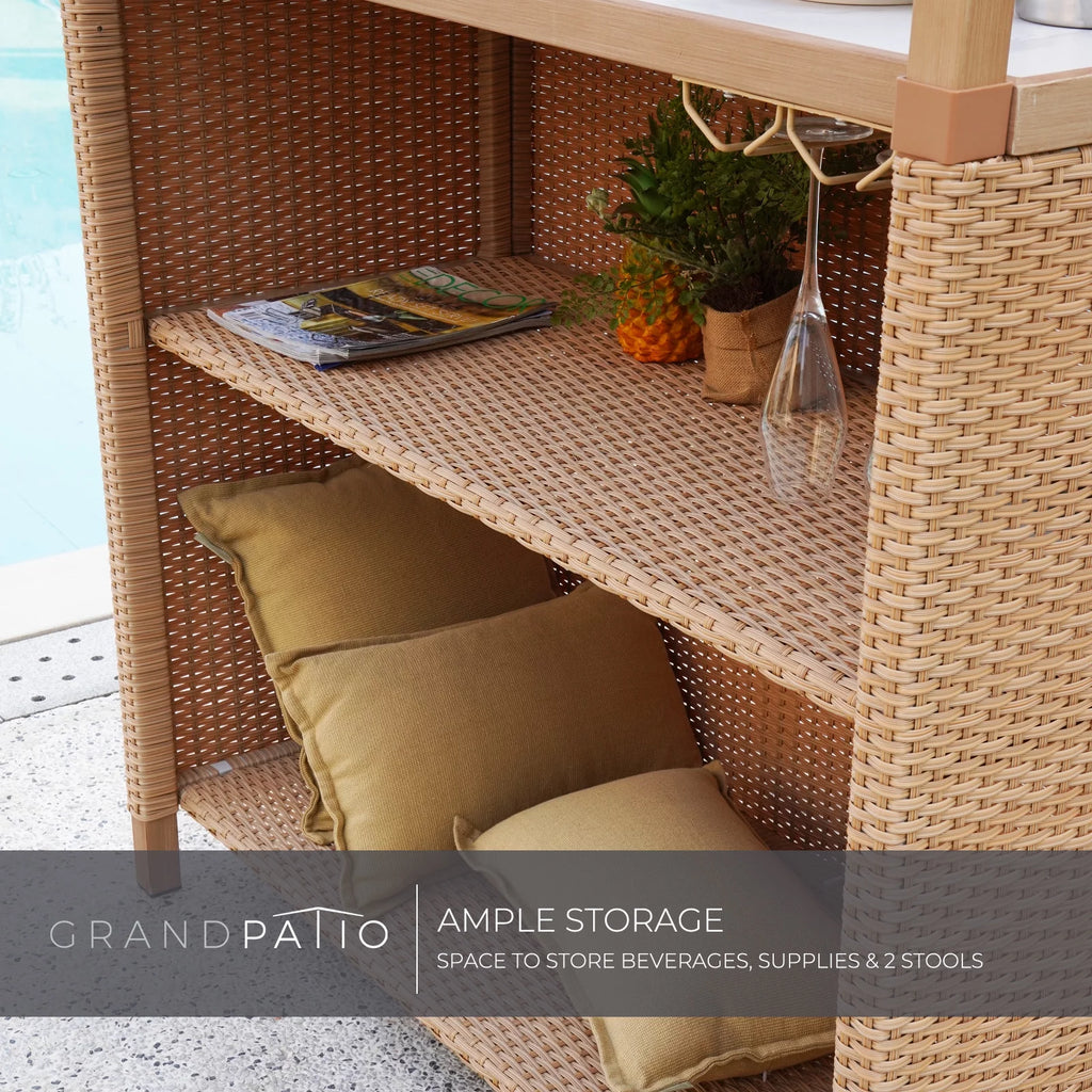 Outdoor 3 Piece All Weather Resin Wicker Steel Tiki Bar and 2 Stools with Ceramic Top & Storage S927