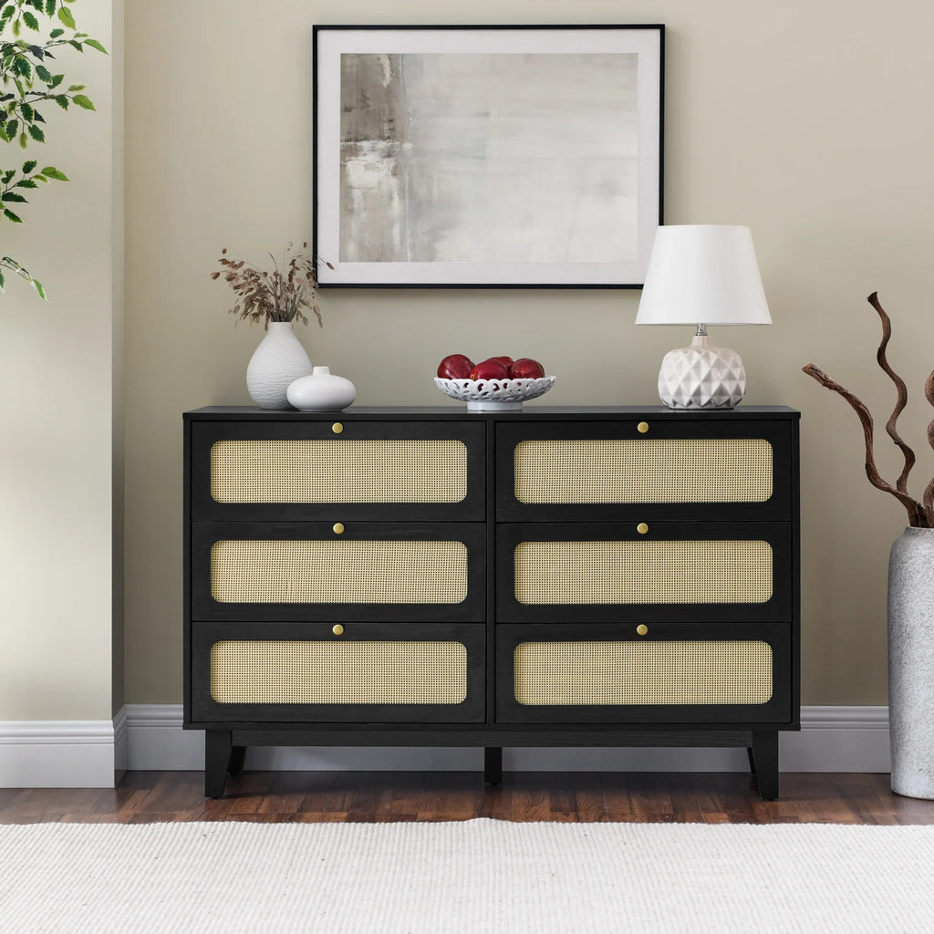 6 Drawer Wooden Dresser with Rattan Drawers N160781