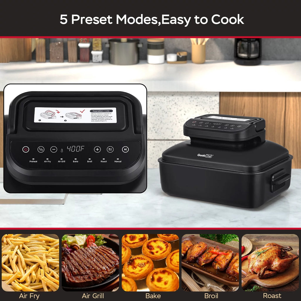 7-in-1 Indoor Grill with 6 Qt Air Fryer, 1500W, Black G16629