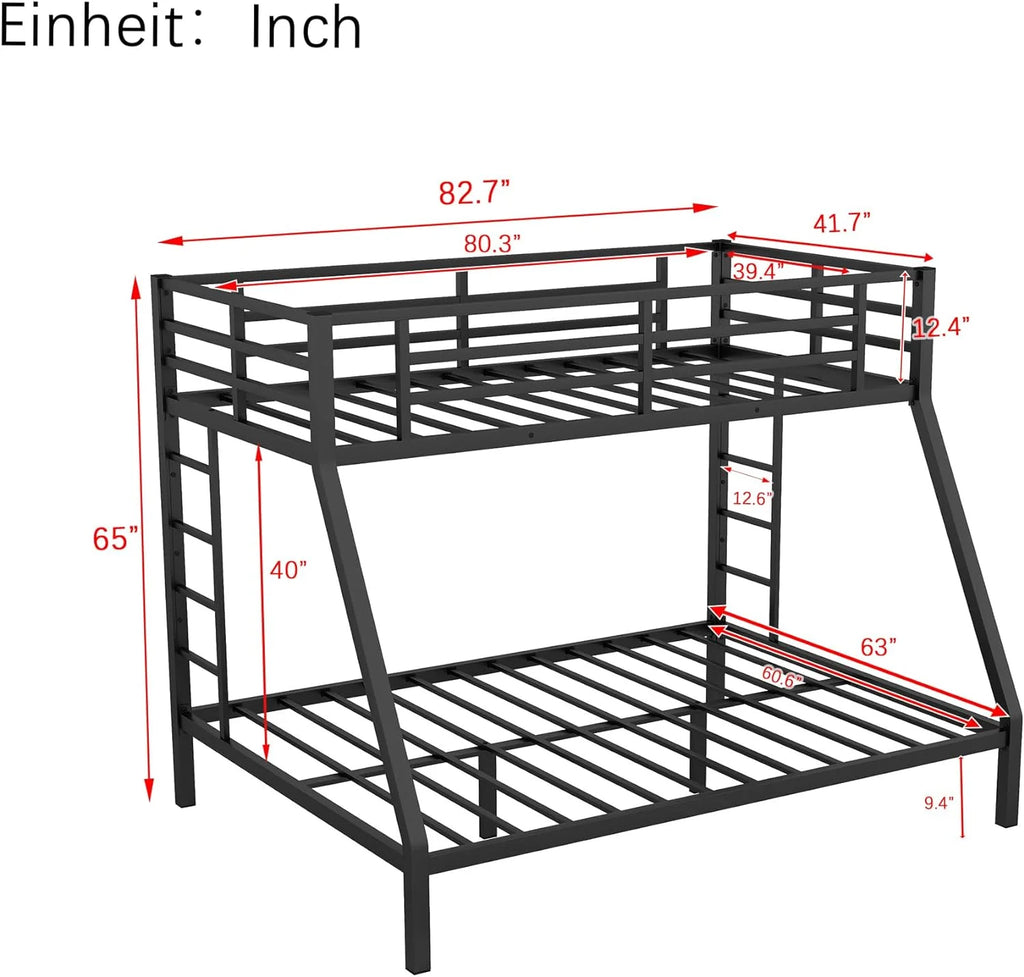 XL Over Queen Black Metal Bunk Bed with Ladders and Guardrails M291655