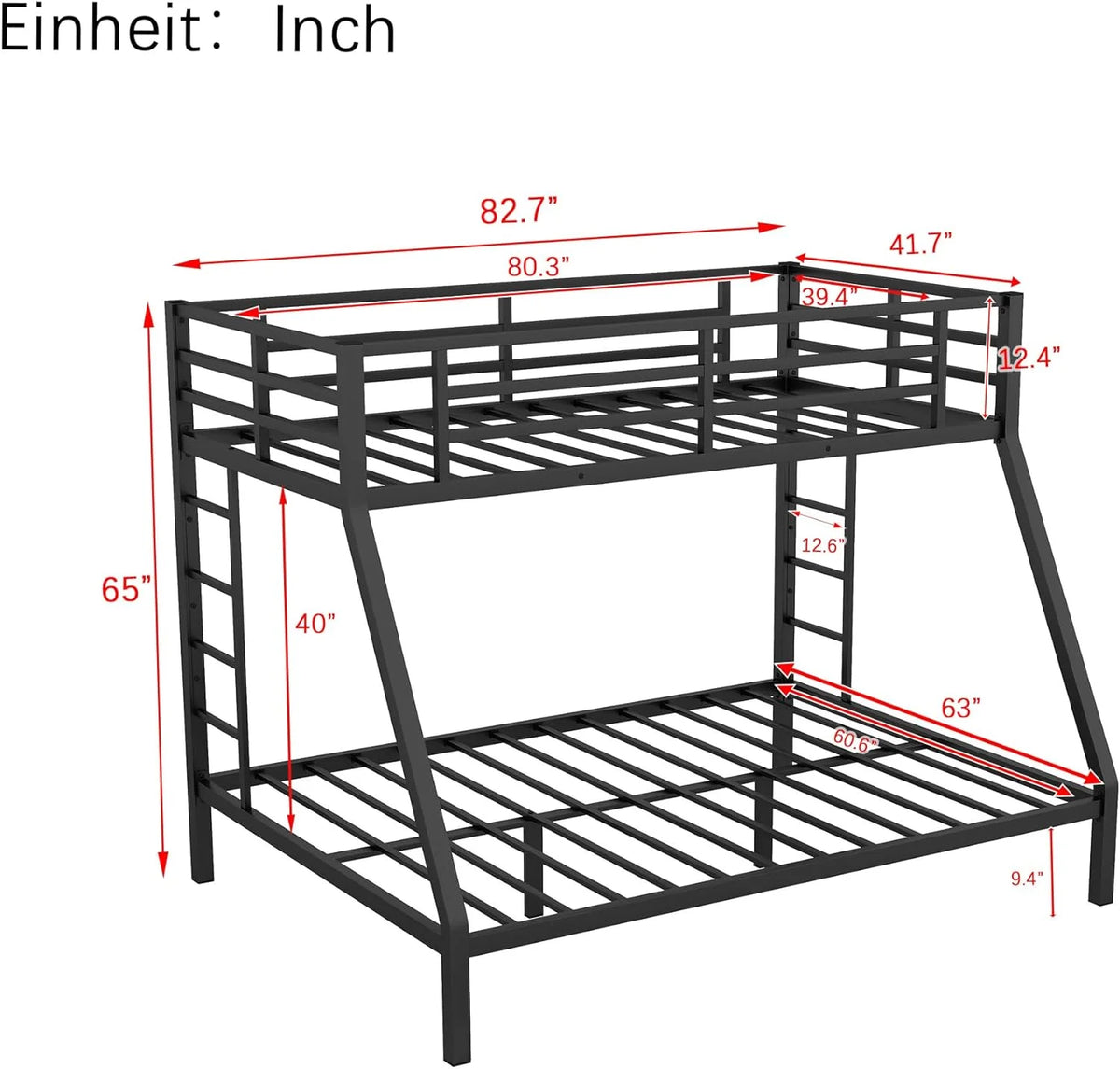 XL Over Queen Black Metal Bunk Bed with Ladders and Guardrails M291655