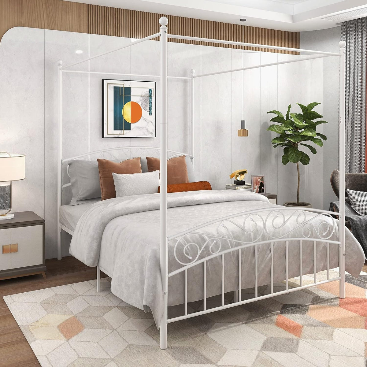 Queen Size White Metal Canopy Bed with Headboard A557922