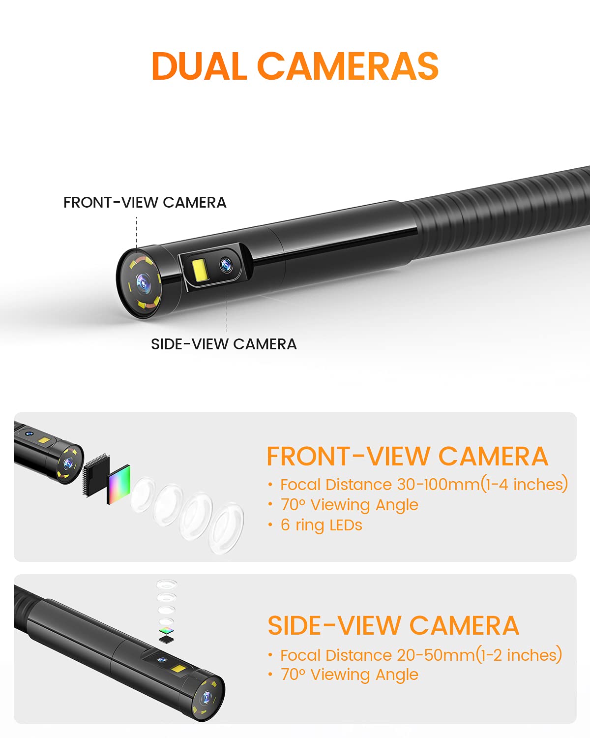 5 inches IPS Dual Lens Borescope Camera with 8mm 10ft Cable S91324