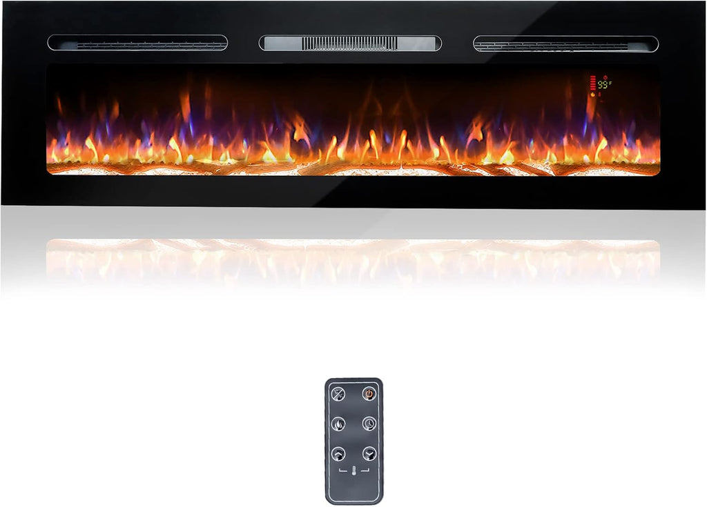 60 Electric Fireplace, Recessed & Wall Mounted, Ultra Thin, Low Noise, Remote Control, 1500W, Black M10094