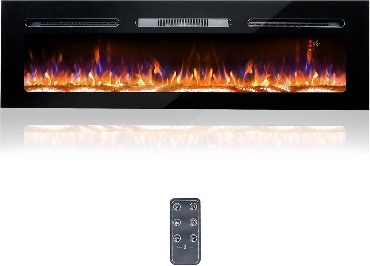 60 Electric Fireplace, Recessed & Wall Mounted, Ultra Thin, Low Noise, Remote Control, 1500W, Black M10094