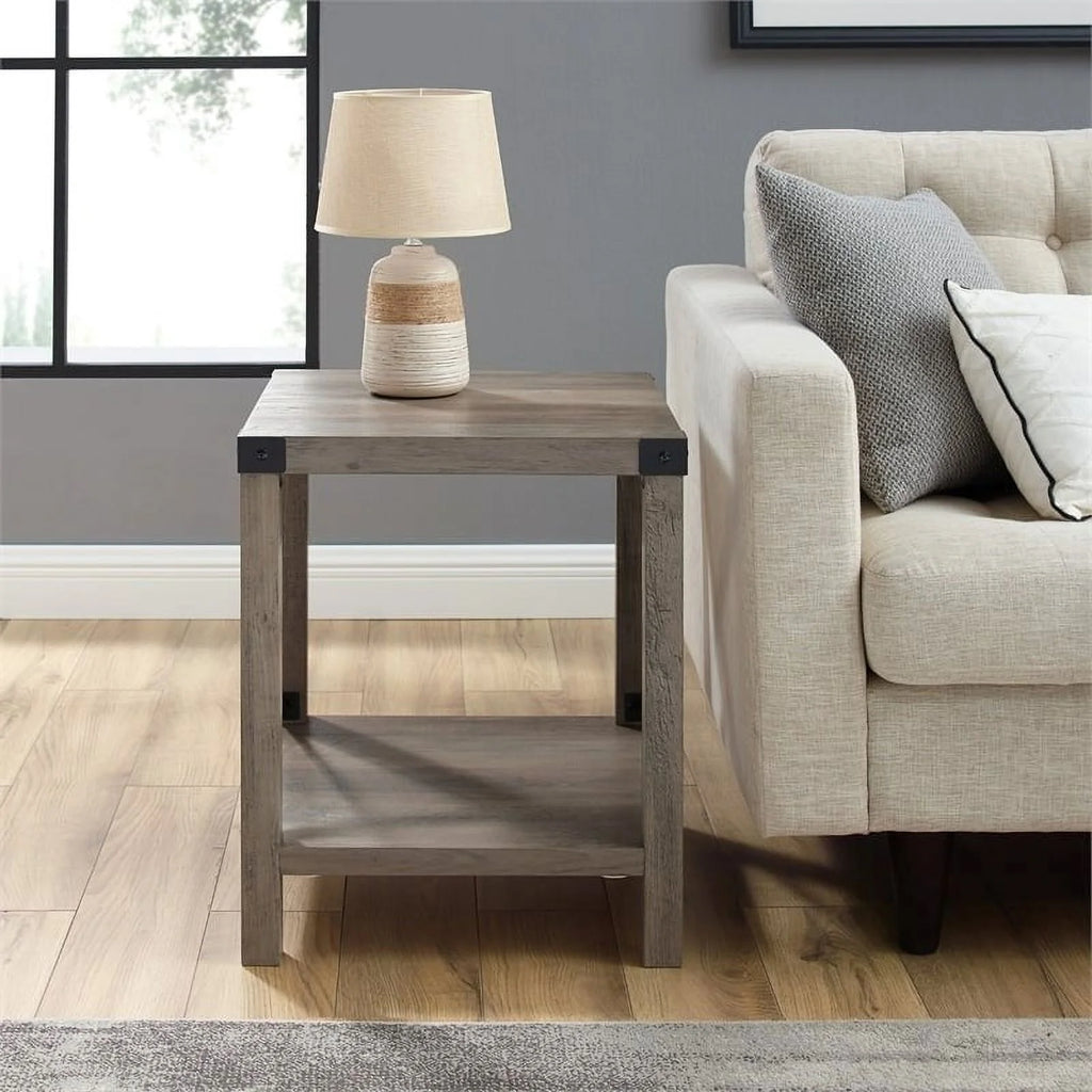 18" Gray Farmhouse Wood Side Table with Metal Frame G90342