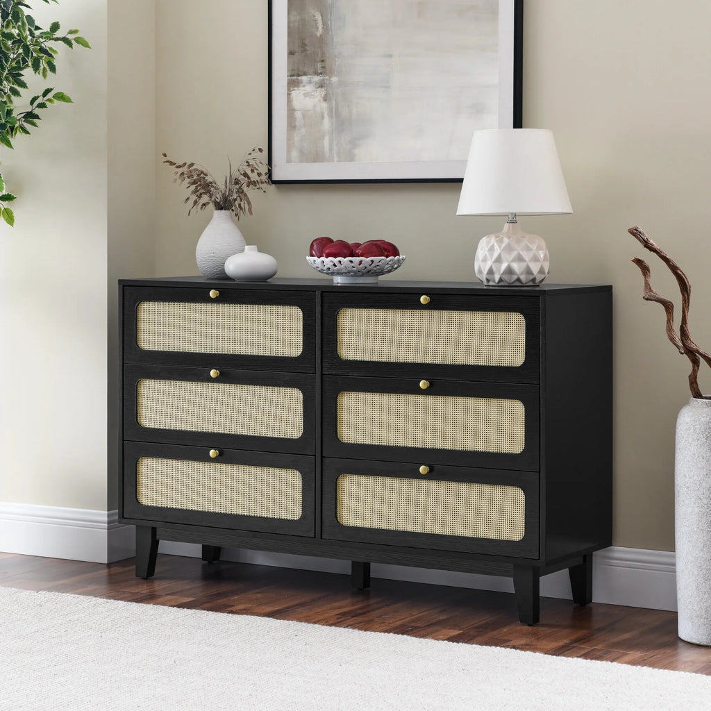 6 Drawer Wooden Dresser with Rattan Drawers N160781