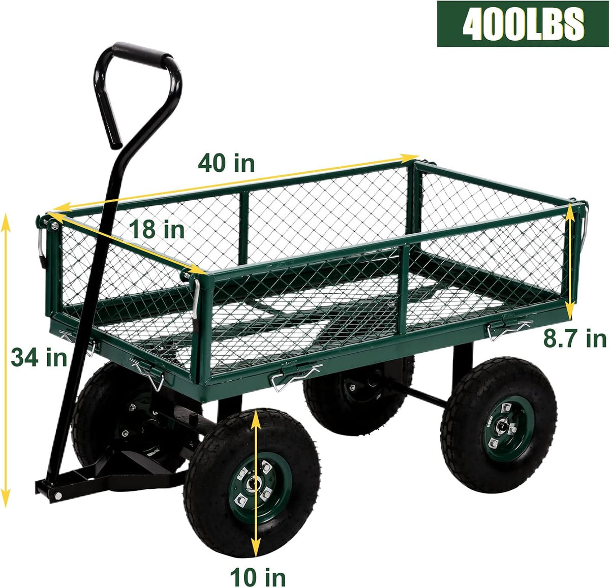 Heavy Duty Steel Utility Cart with Removable Sides and 10 Inch Wheels, Green G4717