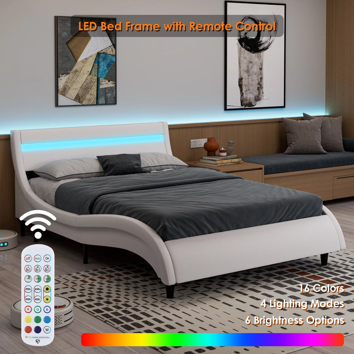 White Full Size Wooden Platform Bed Frame with Adjustable Upholstered Headboard C8967
