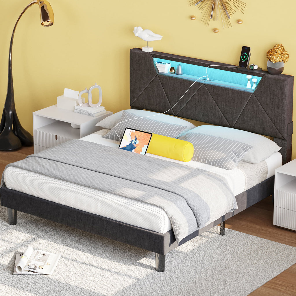 Grey Upholstered Platform Bed Frame with Storage Headboard X6548