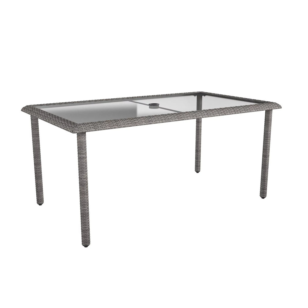 Black Wicker Dining Table with Glass Top and Umbrella Hole W6797