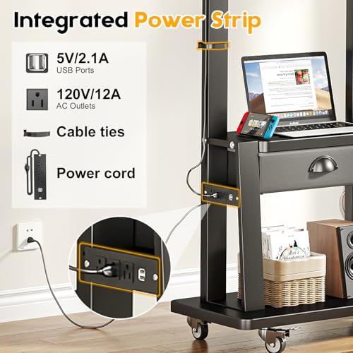 Rolling TV Stand with Power Outlet, Adjustable Height Mobile TV Cart with Wheels W304785
