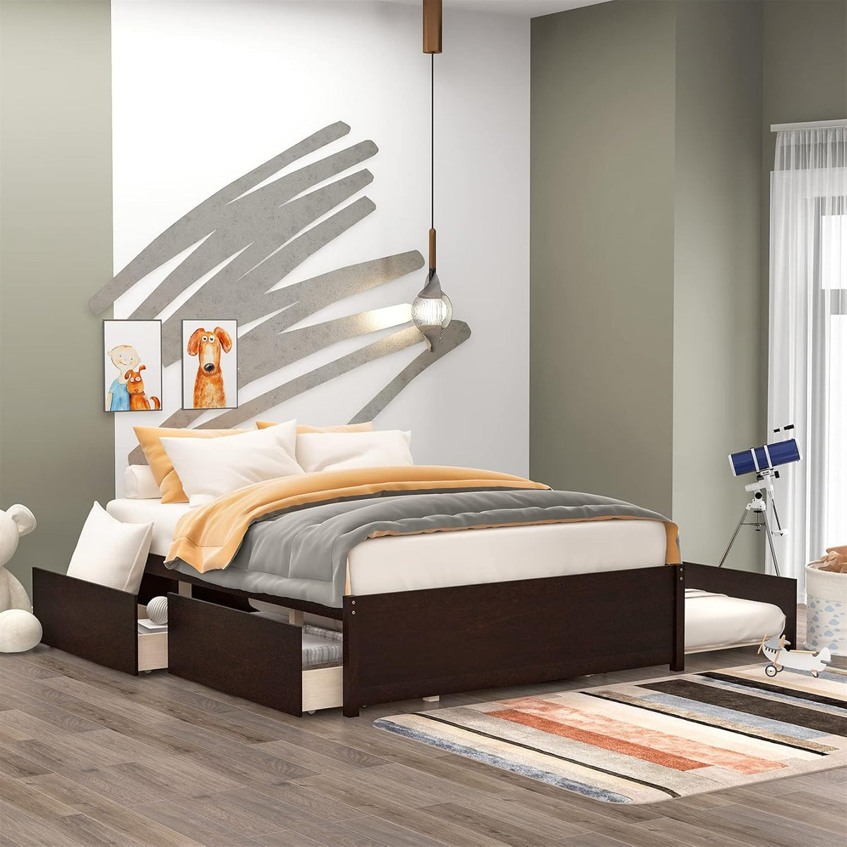 Gray Wood Platform Bed with Trundle and Drawers X43773
