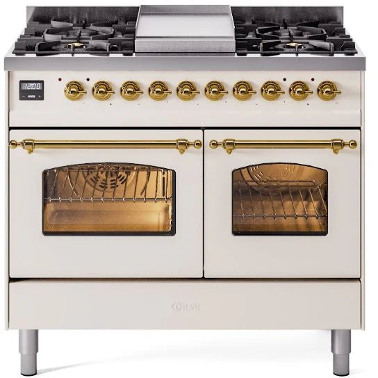 Antique White Dual Fuel Propane Gas Range with Brass Trim J342