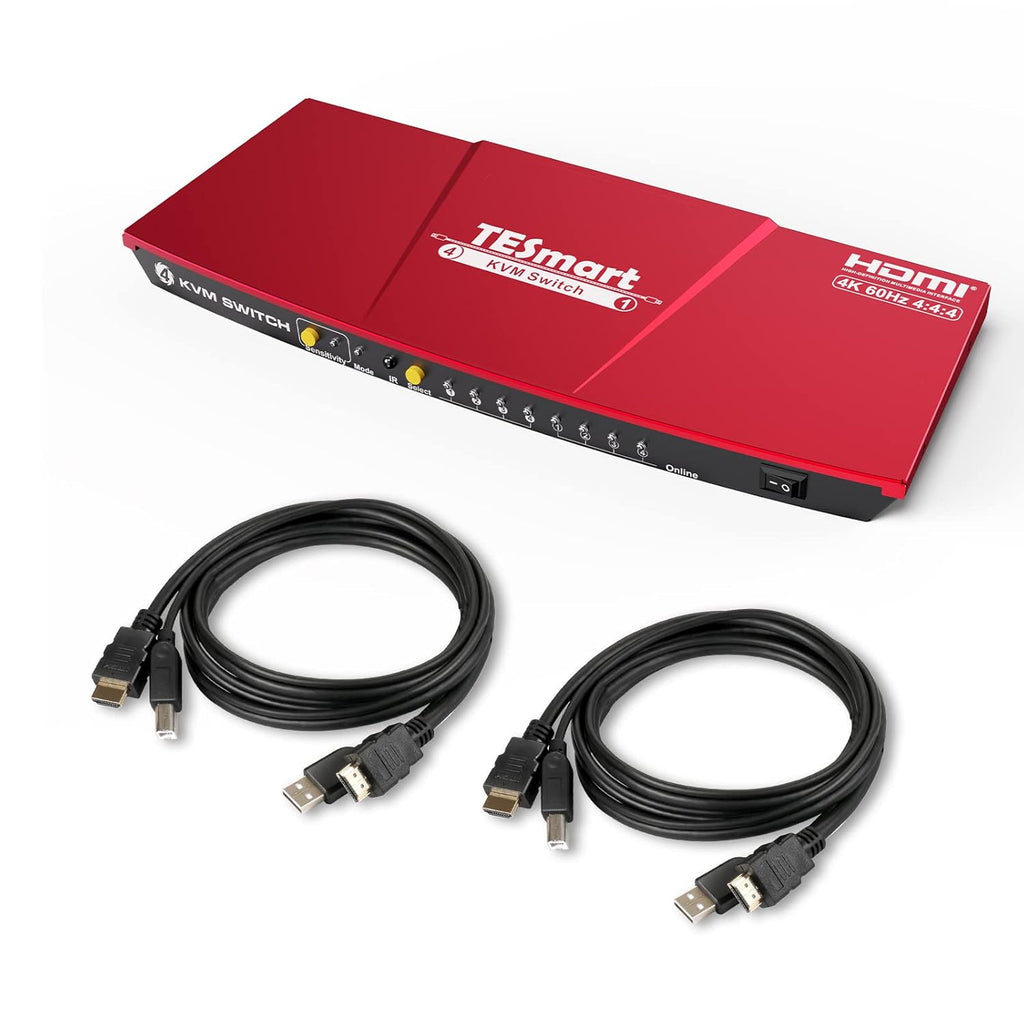 HDMI KVM Switch 4 Port 4K @60Hz 4x1 with 2 Pcs 5ft KVM Cables USB 2.0 Red V4665