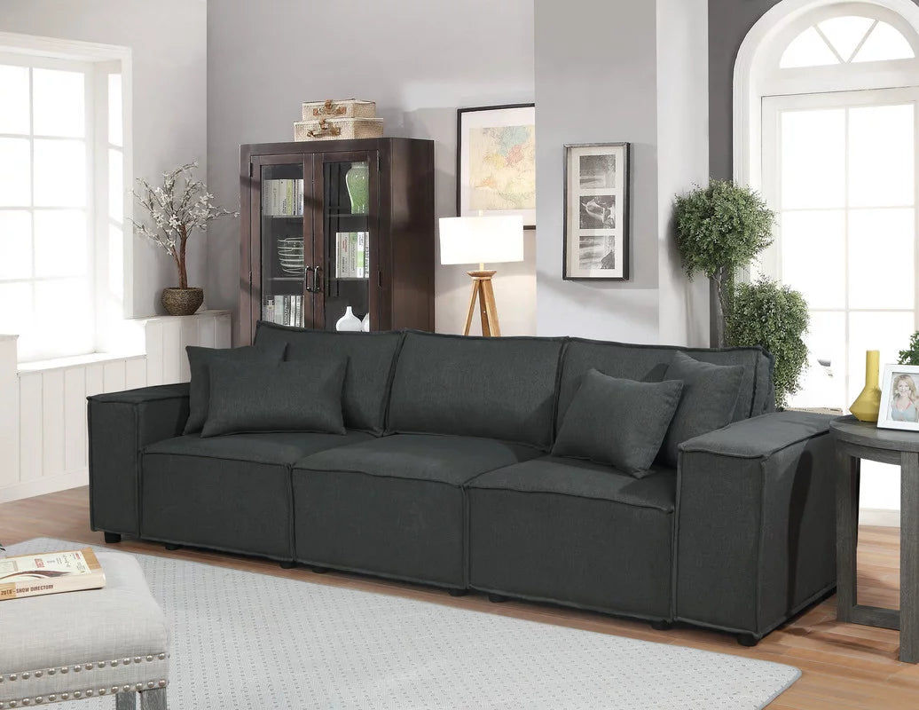 Dark Gray Linen Sofa Couch with 4 Pillows E81886