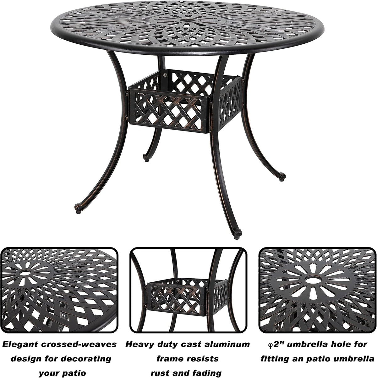 32 Inch Black Cast Aluminum Round Outdoor Dining Table with Umbrella Hole U636432