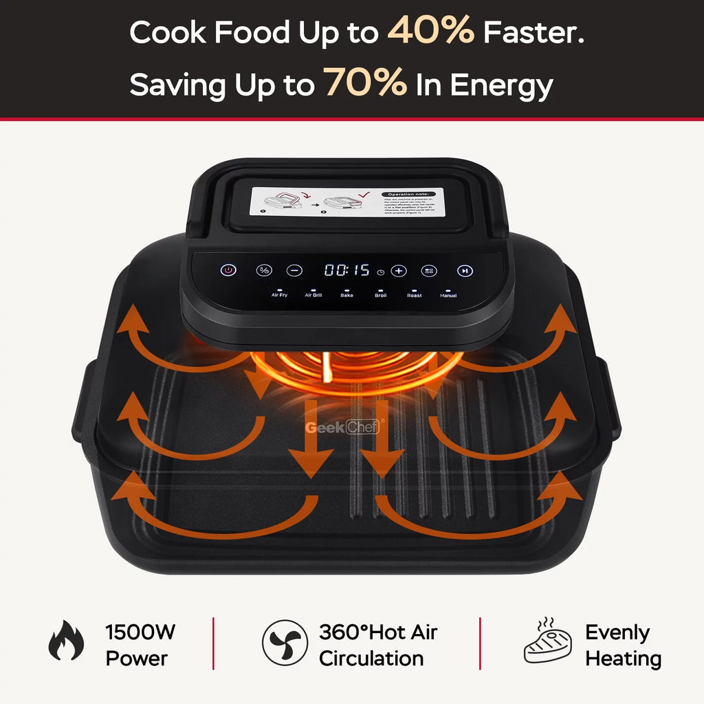 7-in-1 Indoor Grill with 6 Qt Air Fryer, 1500W, Black G16629