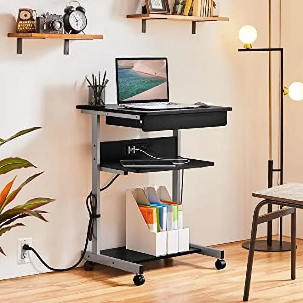 Black Mobile Laptop Desk On Wheels With Power Outlet And USB Ports Q650156