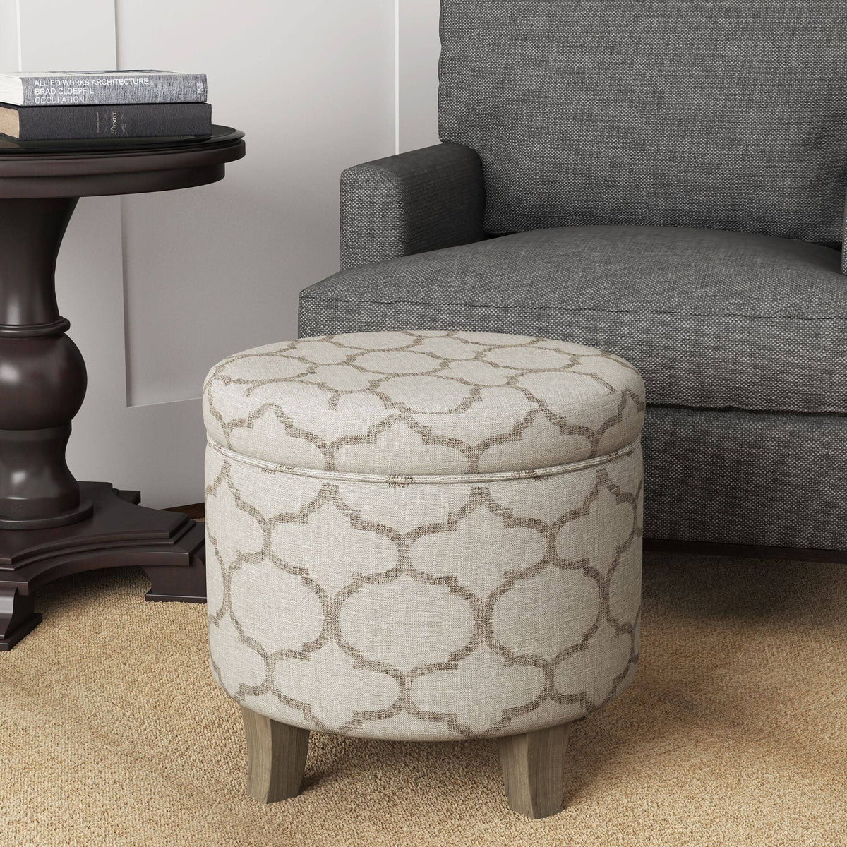 Grey Textured Round Storage Ottoman P889