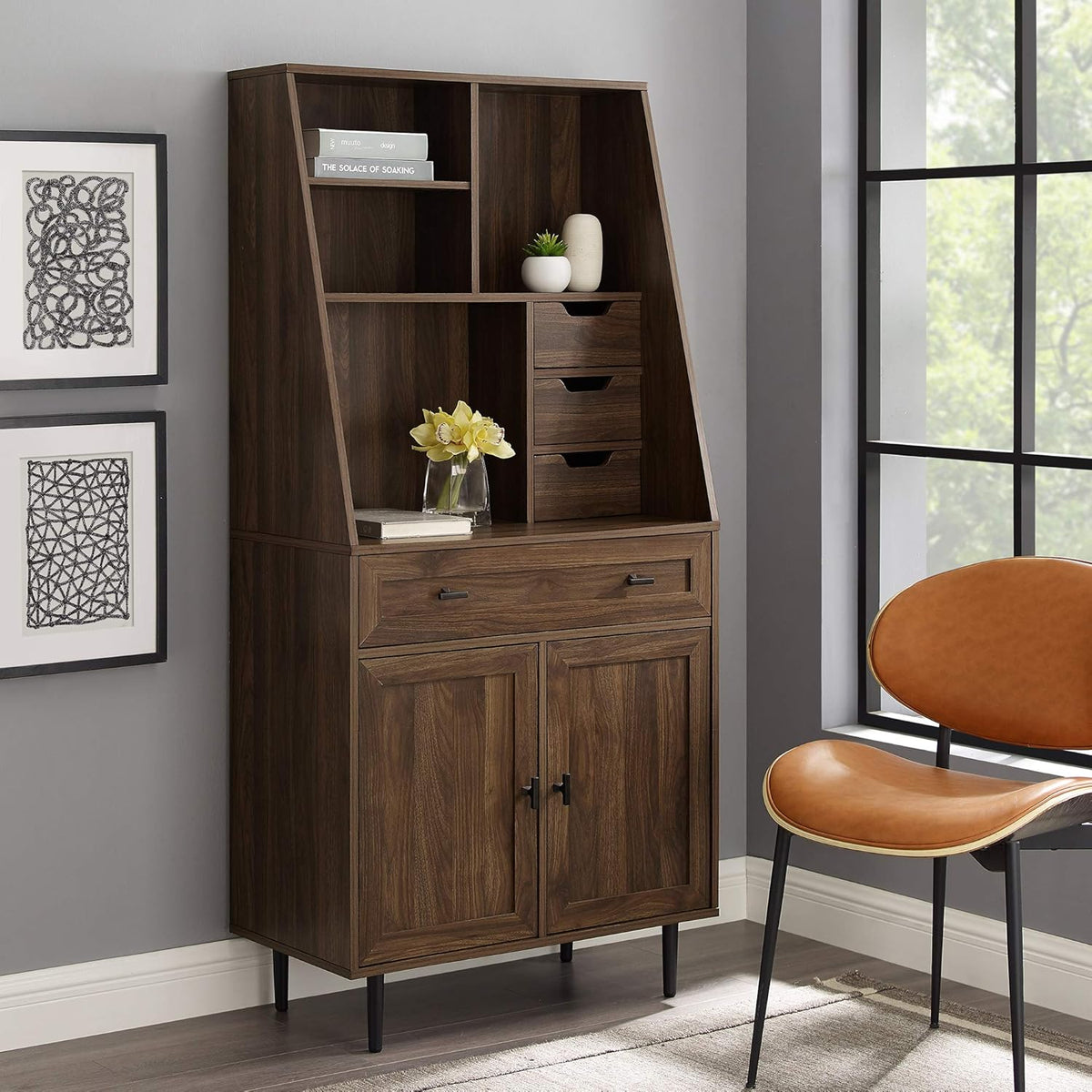 Dark Walnut Wood Secretary Desk with Hutch X611622