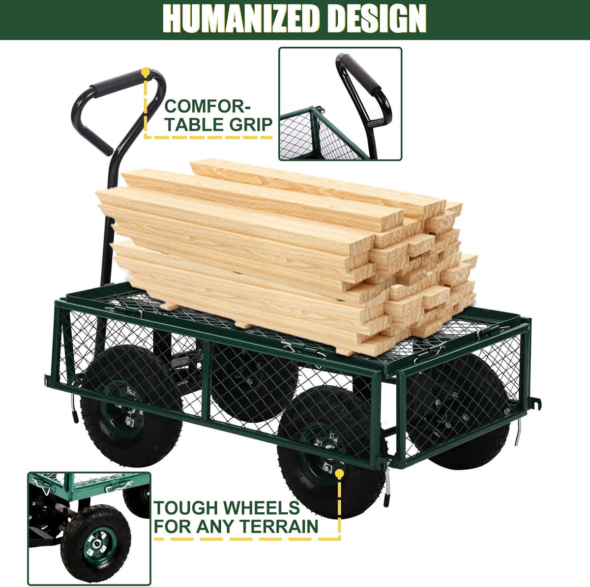 Heavy Duty Steel Utility Cart with Removable Sides and 10 Inch Wheels, Green G4717