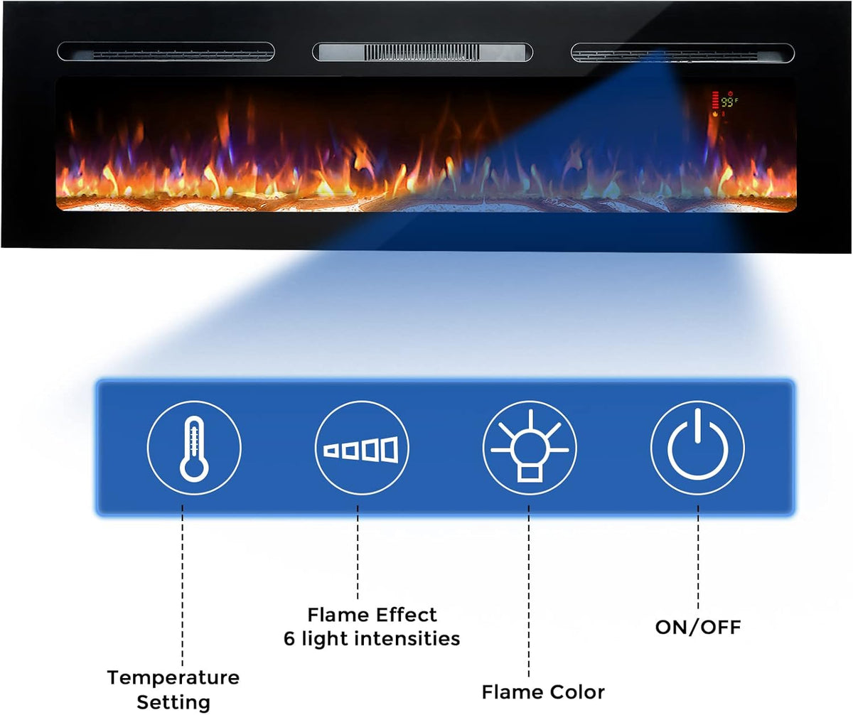 60 Electric Fireplace, Recessed & Wall Mounted, Ultra Thin, Low Noise, Remote Control, 1500W, Black M10094