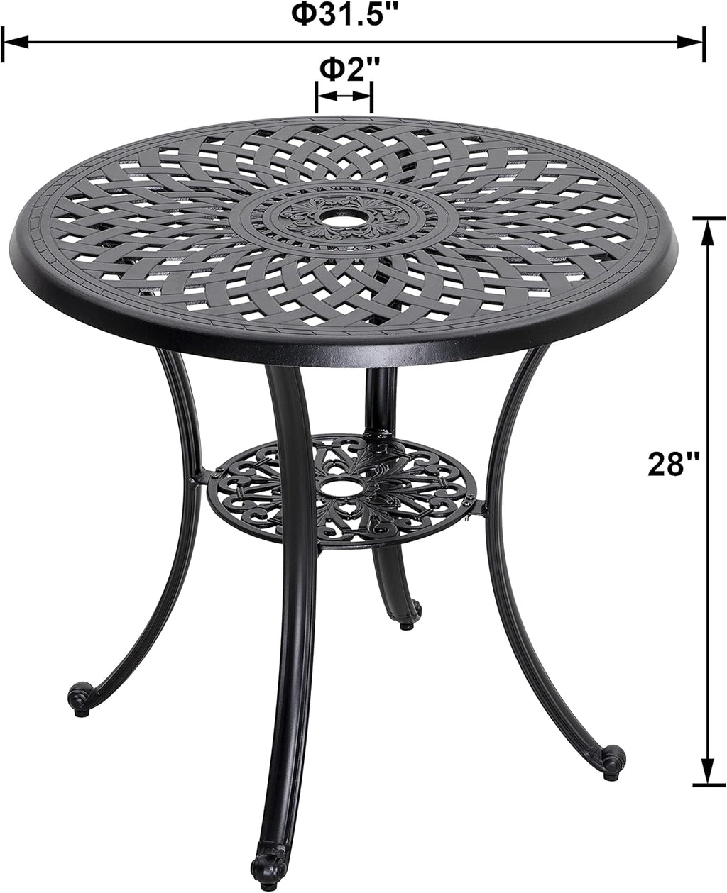 32 Inch Black Cast Aluminum Round Outdoor Dining Table with Umbrella Hole U636432