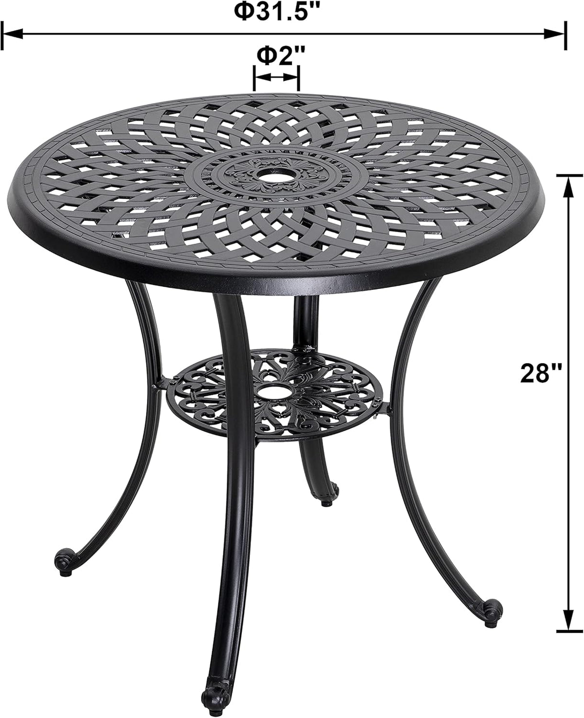32 Inch Black Cast Aluminum Round Outdoor Dining Table with Umbrella Hole U636432
