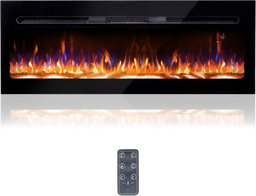 60 Electric Fireplace, Recessed & Wall Mounted, Ultra Thin, Low Noise, Remote Control, 1500W, Black M10094