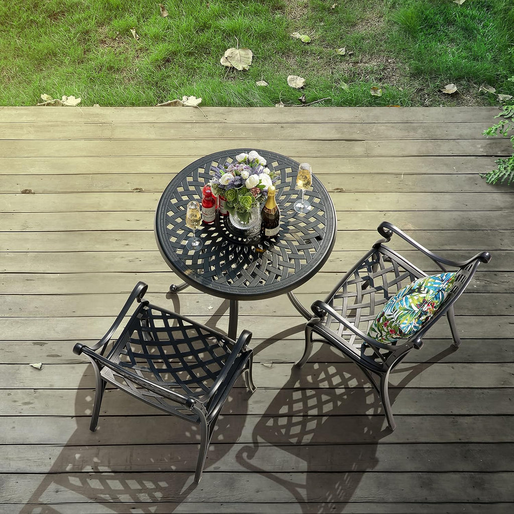 32 Inch Black Cast Aluminum Round Outdoor Dining Table with Umbrella Hole U636432