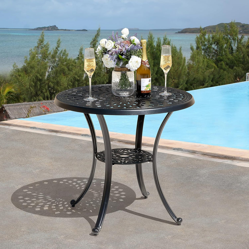 32 Inch Black Cast Aluminum Round Outdoor Dining Table with Umbrella Hole U636432