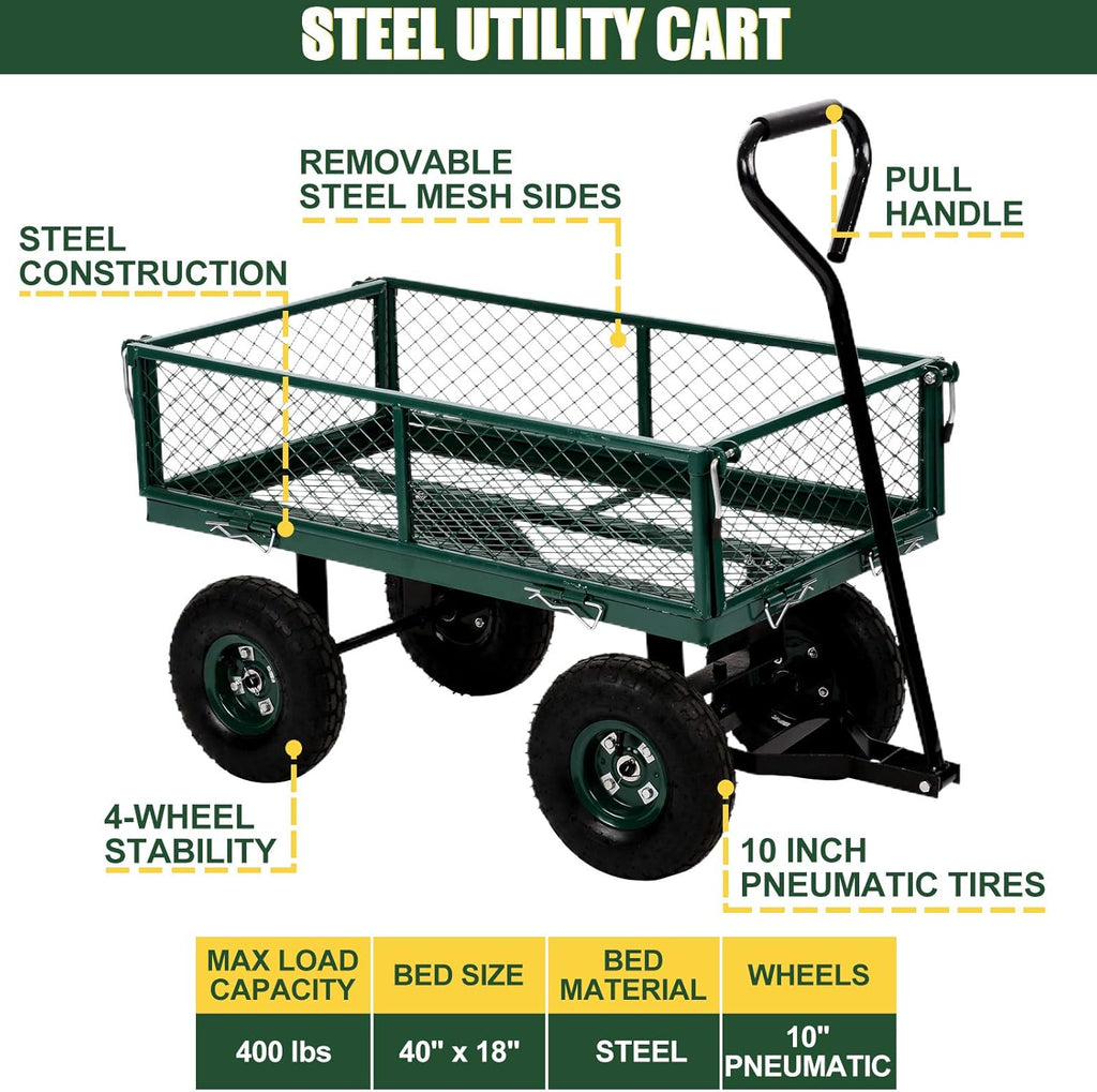 Heavy Duty Steel Utility Cart with Removable Sides and 10 Inch Wheels, Green G4717