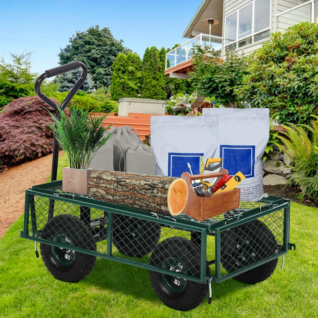 Heavy Duty Steel Utility Cart with Removable Sides and 10 Inch Wheels, Green G4717